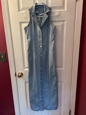 Sleeveless Denim Maxi Dress Button Front Light Wash Size Small